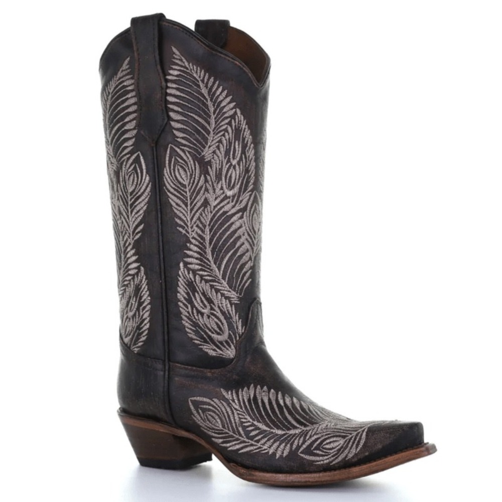 NEW Corral Circle G Women's Dark Brown Feather Embroidered Snip Toe Boots 10 B